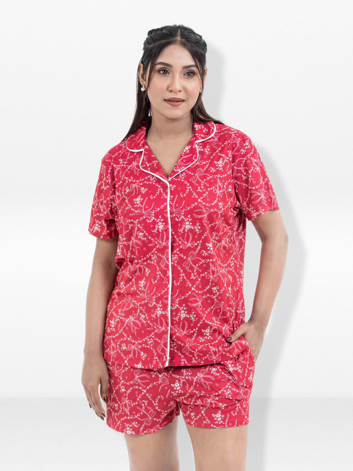 Women’s Notch Collar Sleepwear Set – Short Sleeve All Over Print Pajama Top & Shorts, Soft Comfortable Nightwear