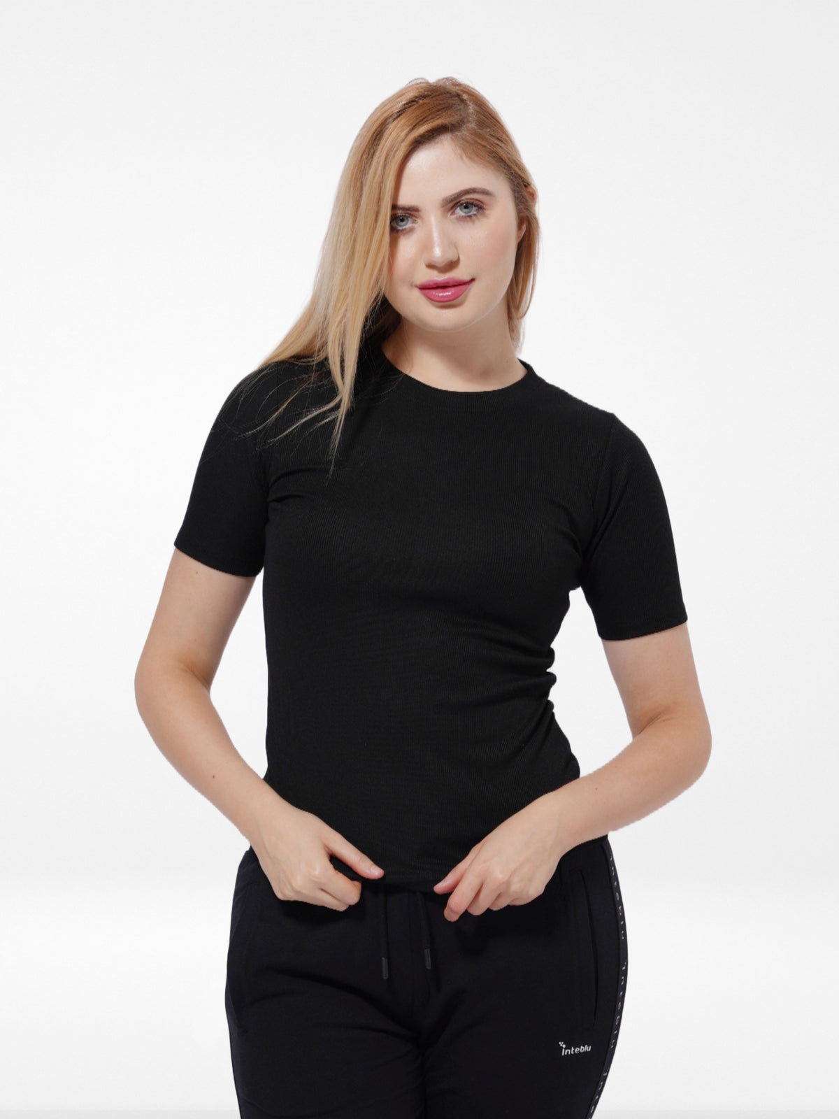 Women Black Rib Short Sleeve T-Shirt