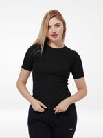 Women Black Rib Short Sleeve T-Shirt