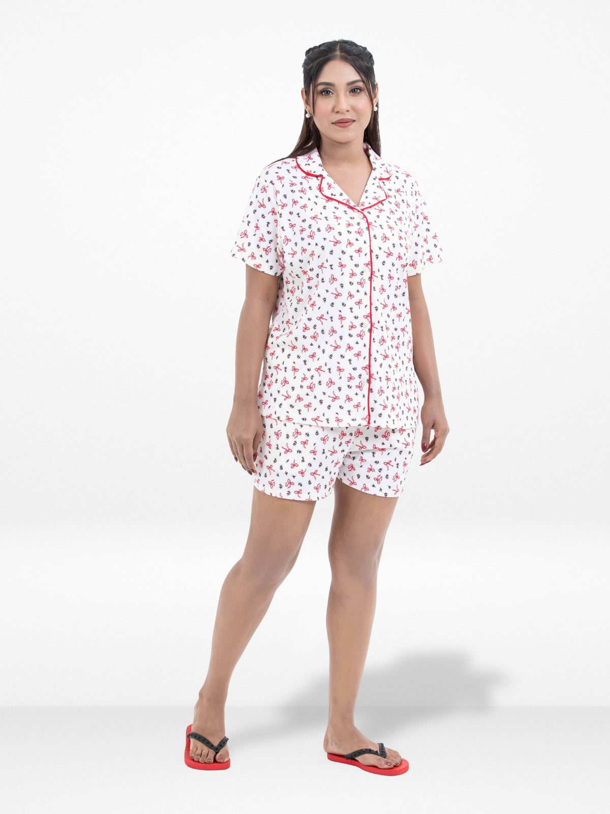 Women's Notch Collar Sleepwear Set Short Sleeve All Over Print Pajama Top & Shorts, Soft Comfortable Nightwear