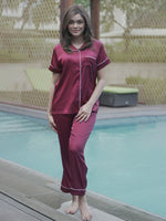 Satin Pajama Set for Women - Contrast Piping, Notch Collar, Button Down, Short Sleeve Long Pant