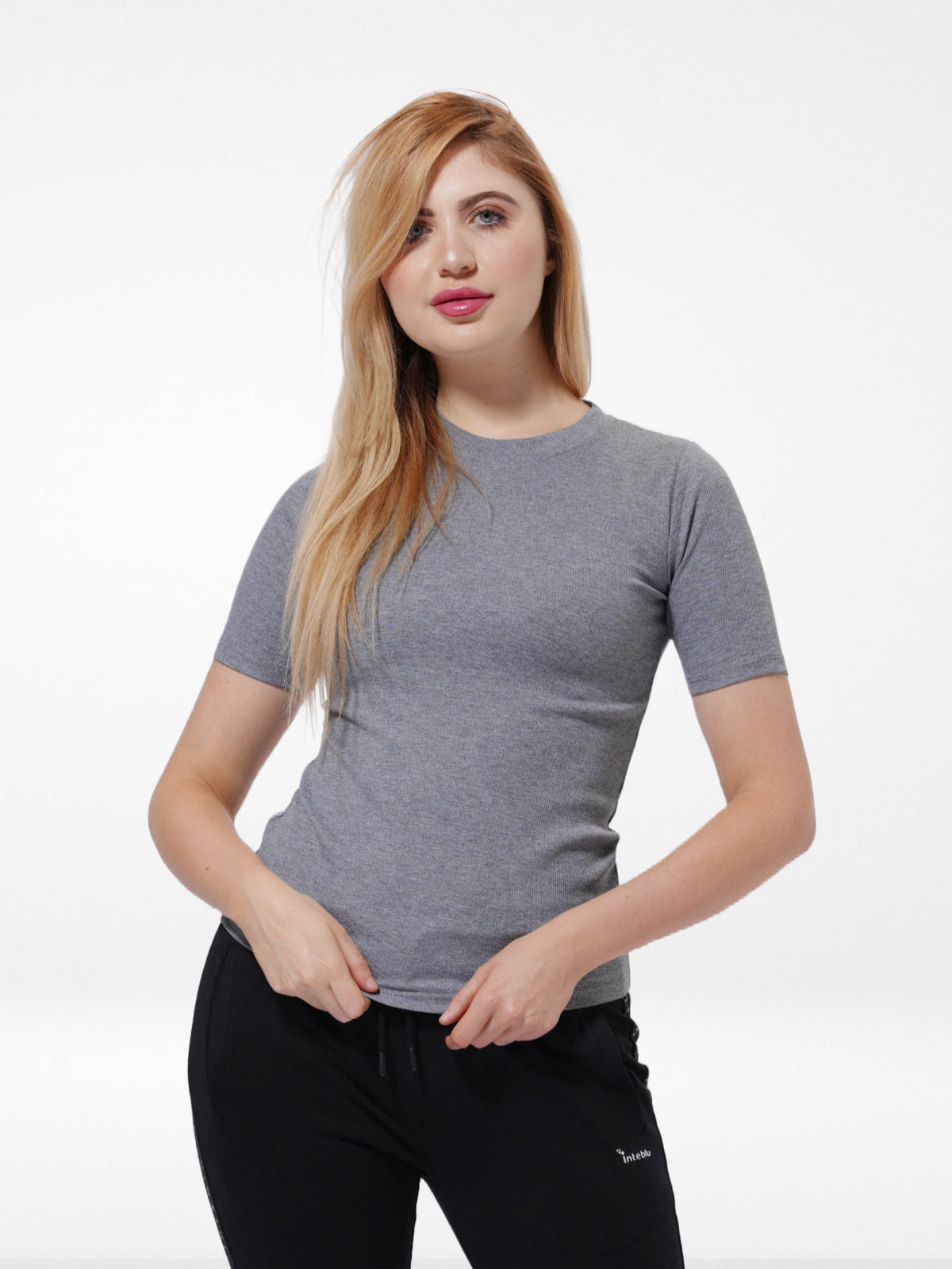 Women Grey Rib Short Sleeve T-Shirt