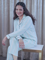 Women Mint Stripe Sleepwear Long Sleeve Pyjama Set
