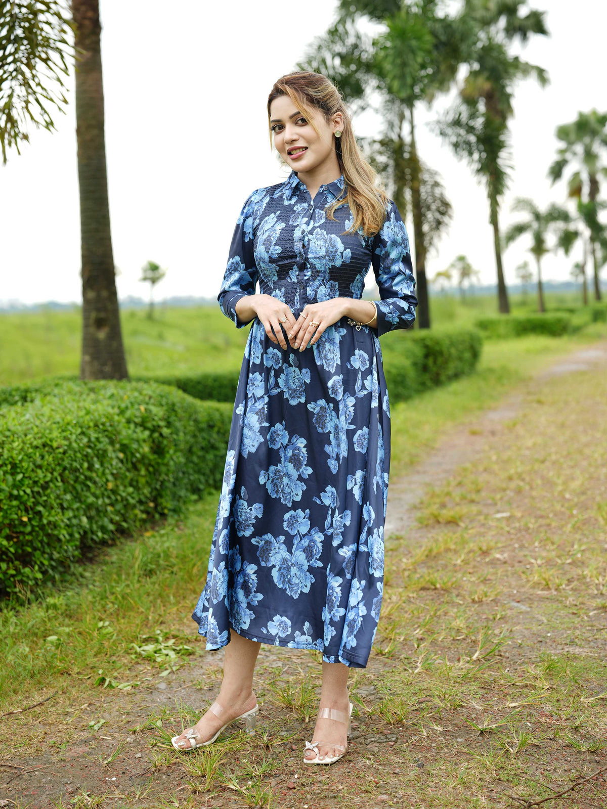 Women’s Floral Print Crepe Maxi Dress – Mystical Long Dress for Casual & Evening Wear