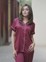 Satin Pajama Set for Women - Contrast Piping, Notch Collar, Button Down, Short Sleeve Long Pant