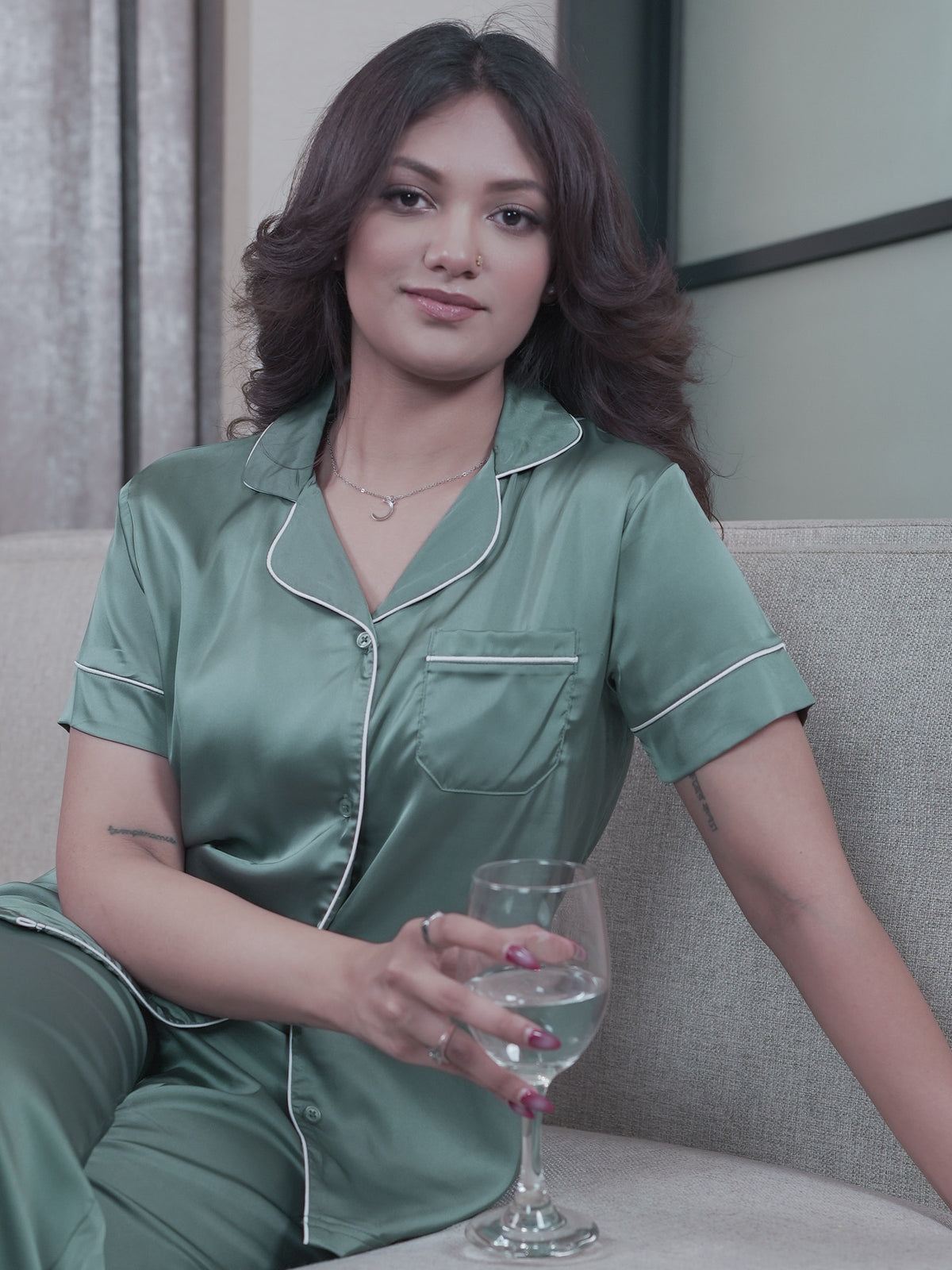 Satin Pajama Set for Women - Contrast Piping, Notch Collar, Button Down, Short SleeveLong Pant