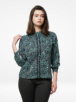 Women Green Animal Print Long Sleeve Shirt on Crape Fabrics
