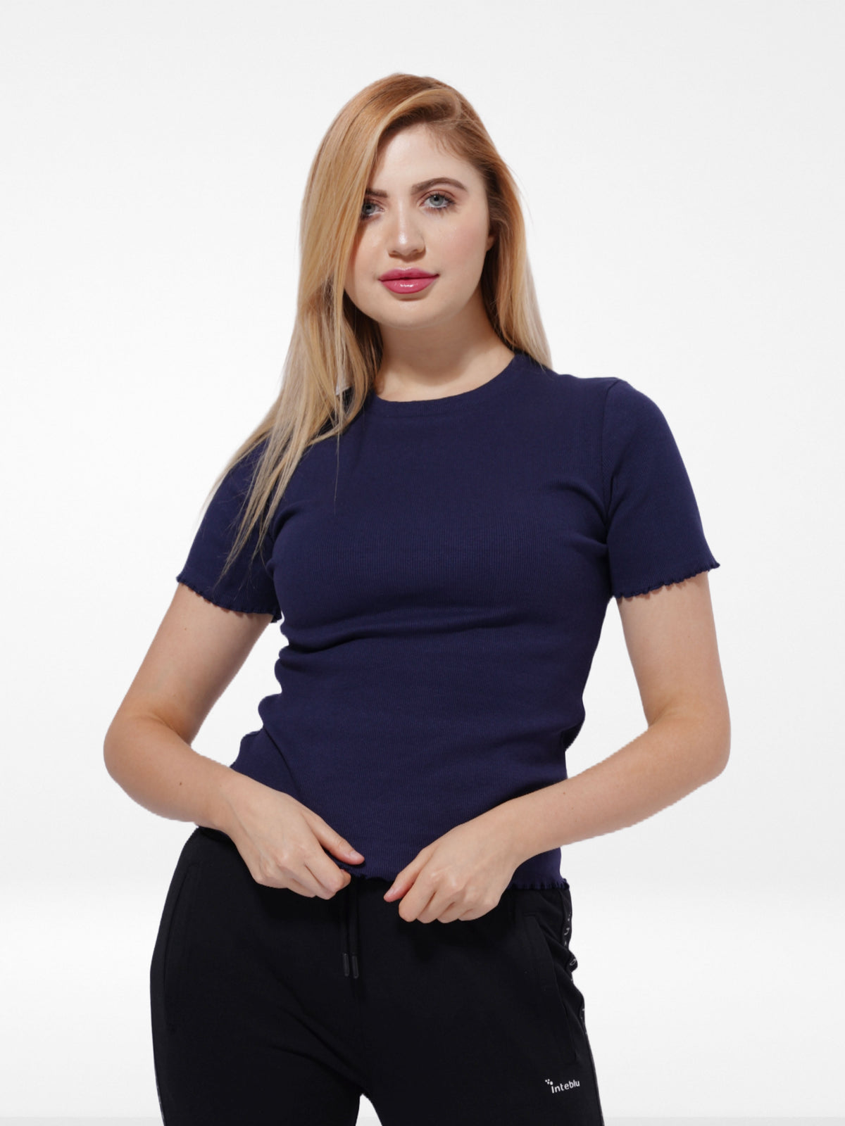 Women Navy Rib Short Sleeve T-Shirt
