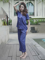 Satin Pajama Set for Women - Contrast Piping, Notch Collar, Button Down, Short Sleeve Long Pant