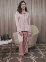 Satin Pajama Set for Women - Contrast Piping, Notch Collar, Button Down, Long Sleeve & Long Pant
