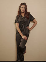 Satin Pajama Set for Women - Contrast Piping, Notch Collar, Button Down, Short Sleeve & Long Pant