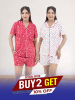Women's Notch Collar Sleepwear Set Short Sleeve All Over Print Pajama Top & Shorts, Soft Comfortable Nightwear