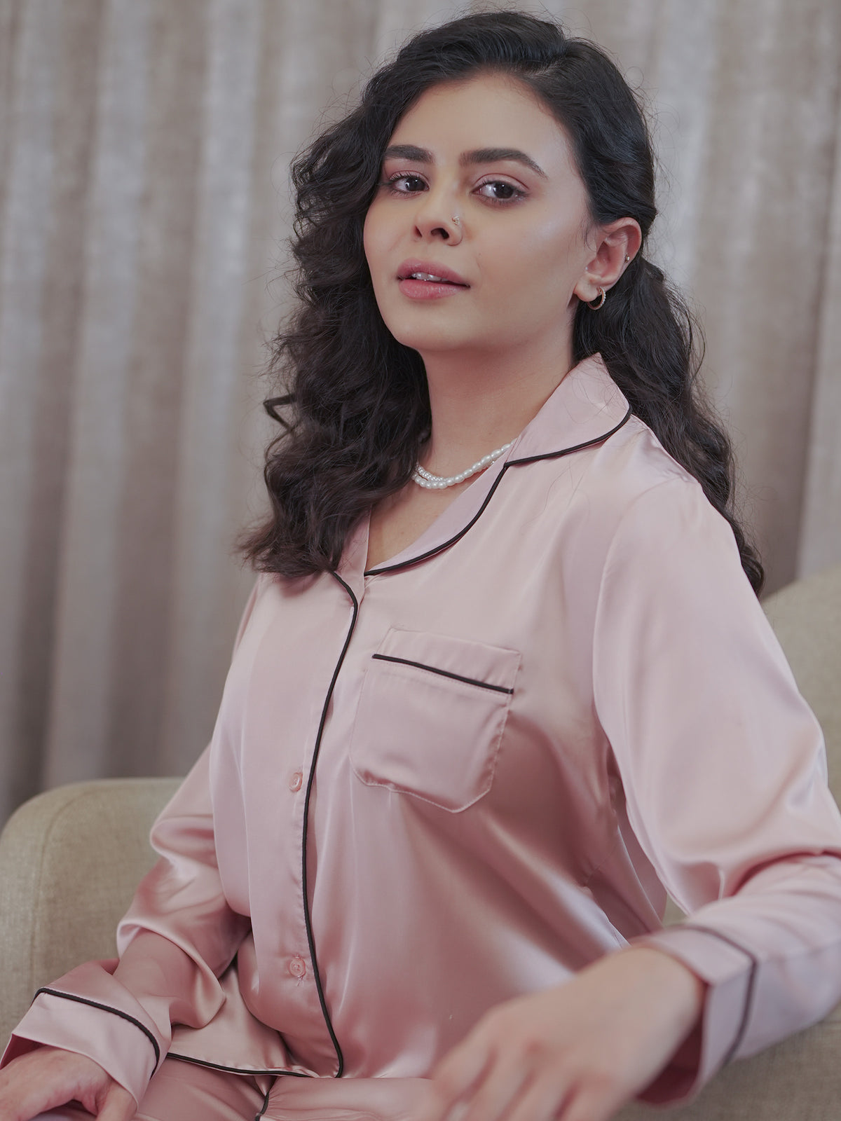 Satin Pajama Set for Women - Contrast Piping, Notch Collar, Button Down, Long Sleeve & Long Pant