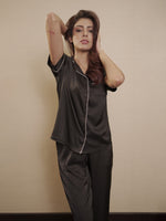 Satin Pajama Set for Women - Contrast Piping, Notch Collar, Button Down, Short Sleeve & Long Pant
