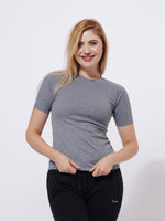 Women Grey Rib Short Sleeve T-Shirt