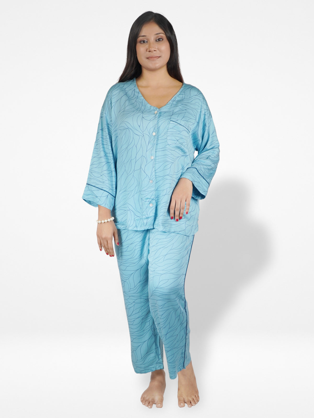 Women Blue Floral Printed Night Suit Set | Shirt and pajama, Nightwear set