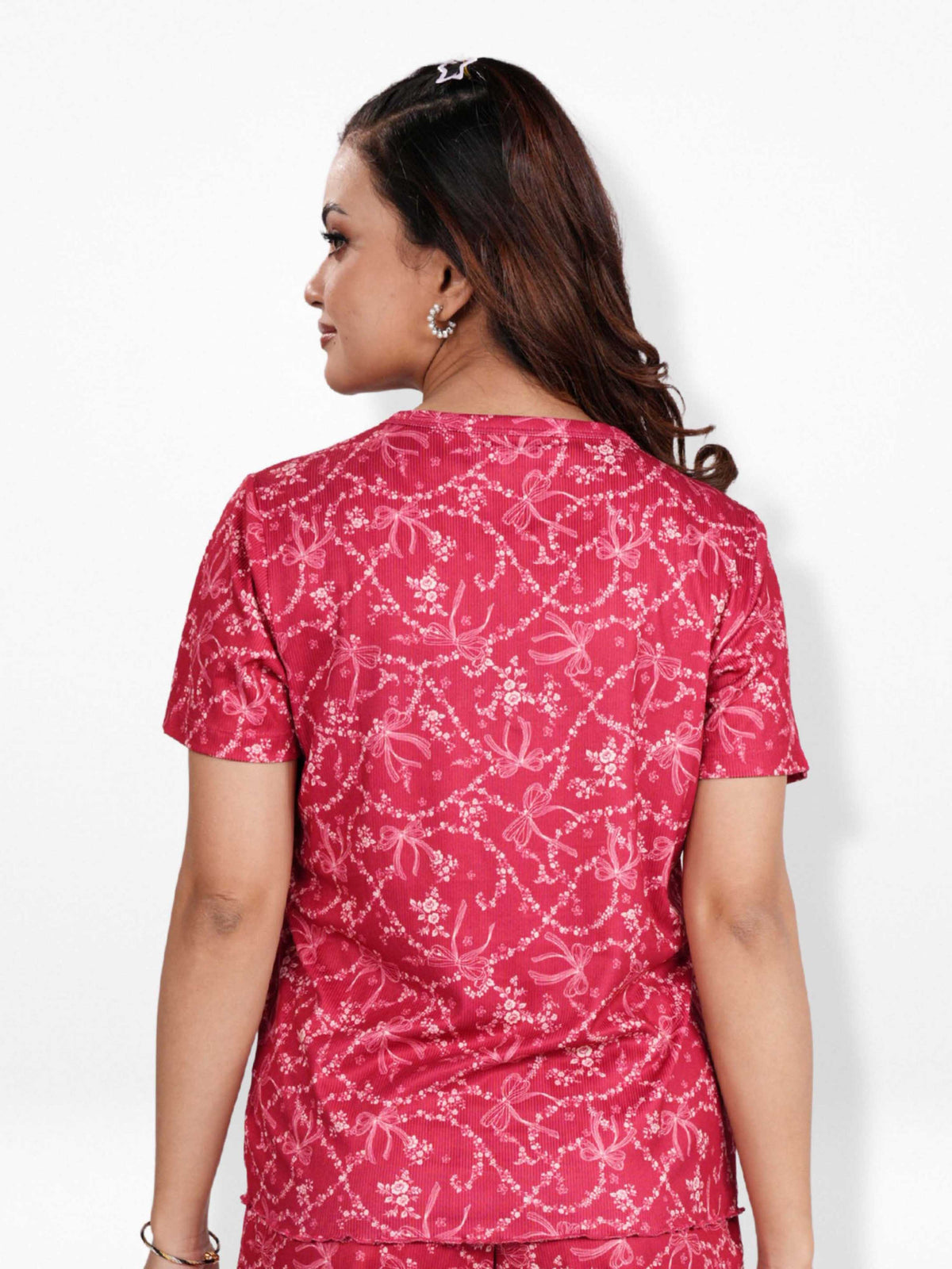 Women’s Henley Short Sleeve Pajama Top | Printed Sleepwear Shirt | Soft Stretch Yummy Rib Fabric | Casual Lounge Top for Women - Crimson