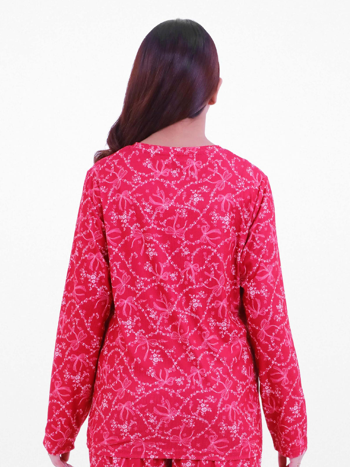 Women’s Long-Sleeve Crew Neck Pajama Top | All-Over Print Sleepwear Shirt | Soft & Stretchy Yummy Rib Fabric | Lounge Top - Crimson