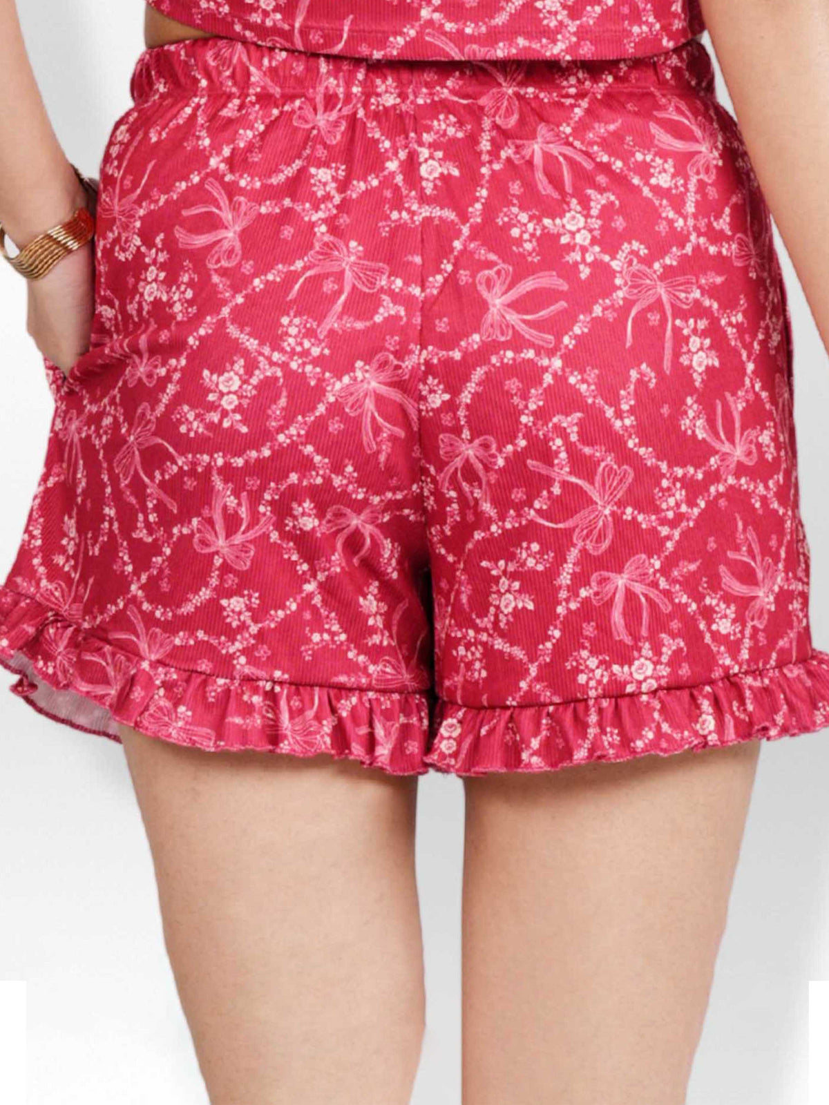 Womens All Over Printed Frill Height Style Bottom Shorts for Trendy Casual Wear - Crimson