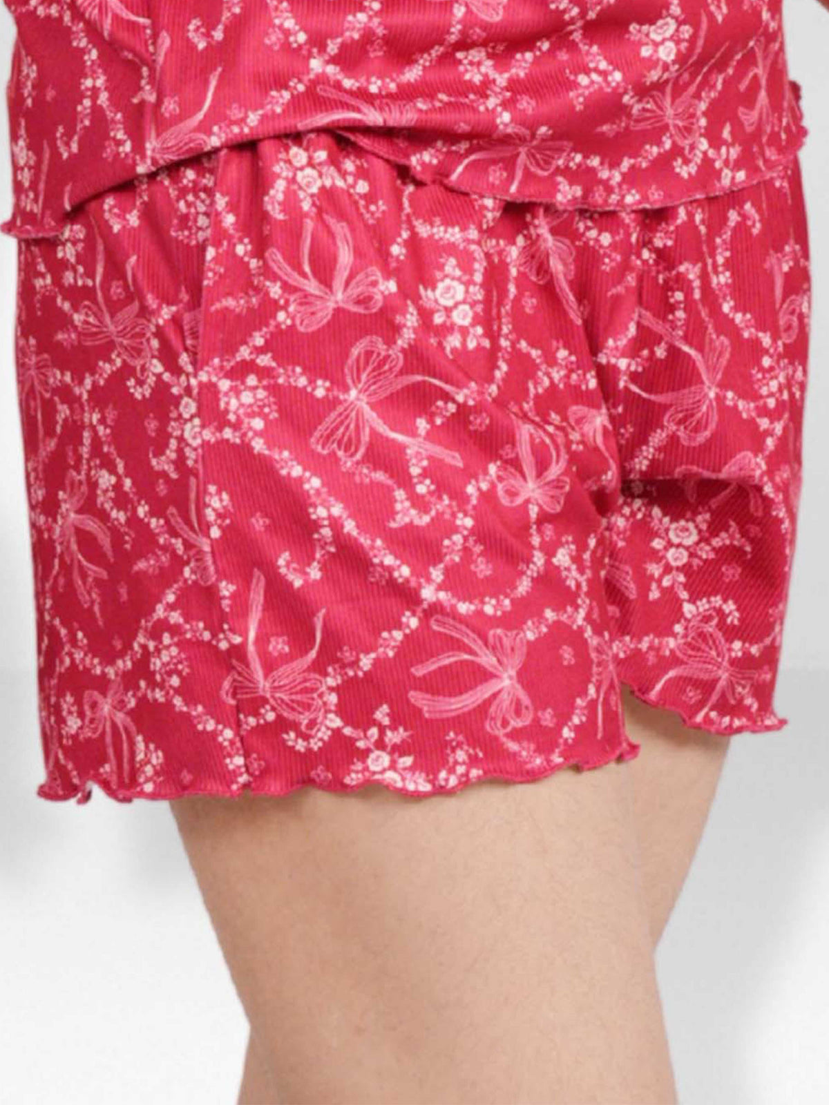Women’s Pajama Shorts | Printed Sleepwear Shorts | Soft Stretch Yummy Rib Fabric | Elastic Waist Lounge Shorts for Women - Crimson