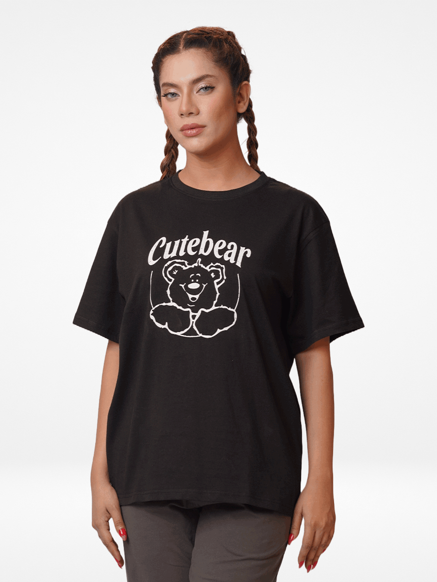 Women Cute Bear Graphics Print Cotton T-shirt