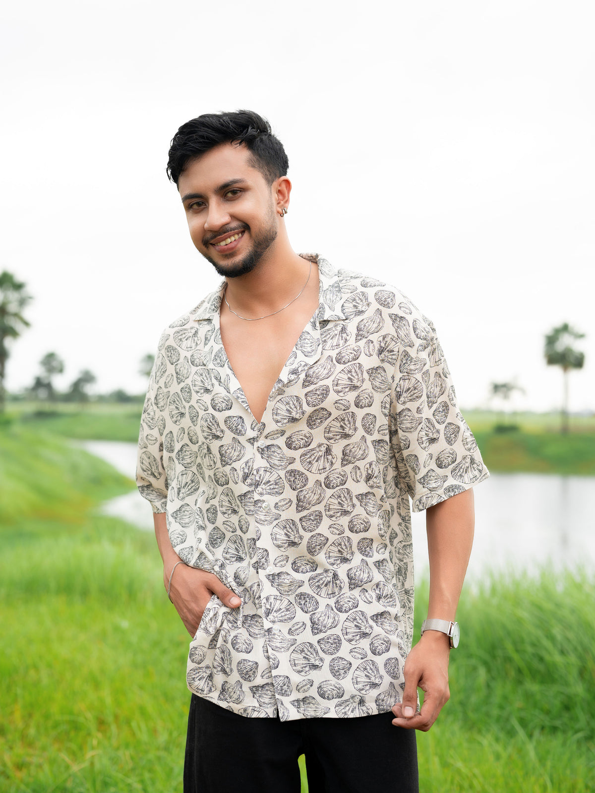 Men’s All Over Printed Cuban Collar Shirt – Short Sleeve Casual Summer Shirt