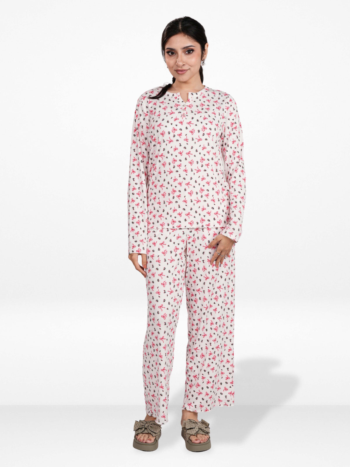 Women’s Henley Sleepwear Set – Long Sleeve Printed Pajama Top & Shorts | Soft Lightweight 2-Piece Nightwear
