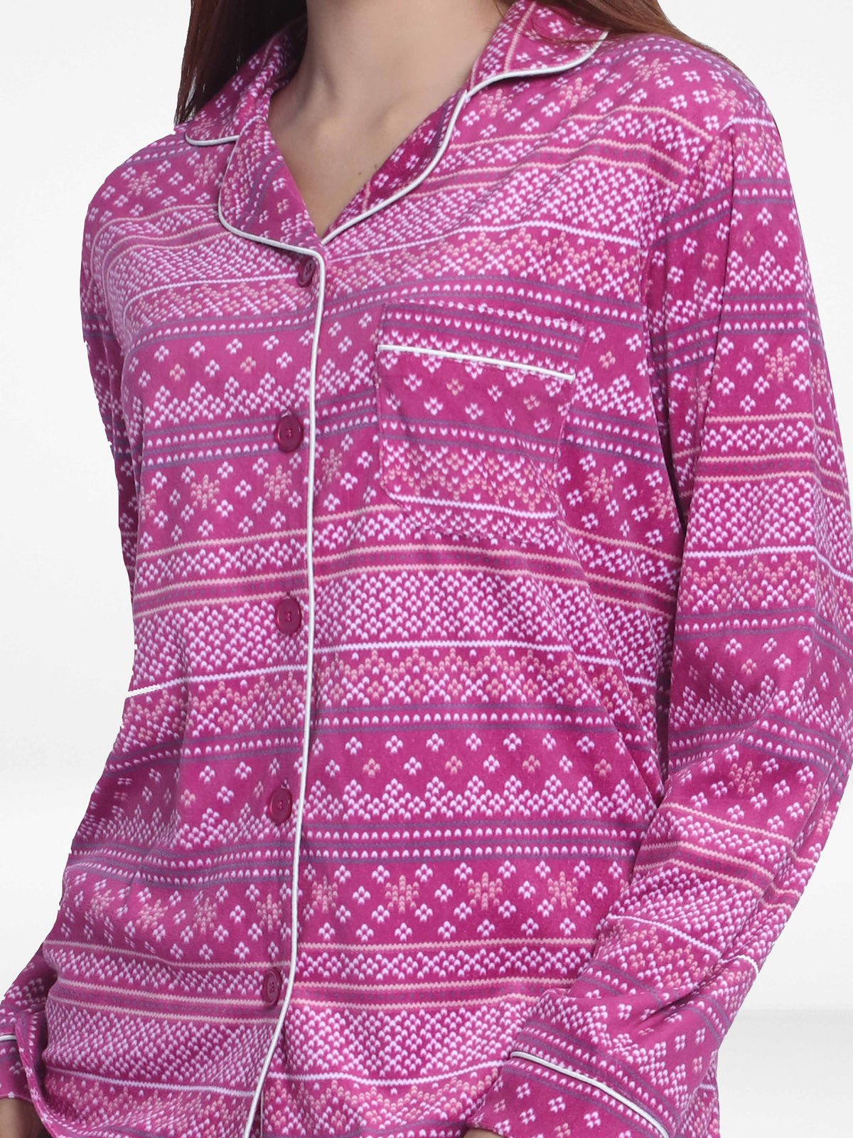 Women Velour Sleepwear Long Sleeve Pink Aop Pyjama Set