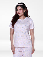 Women’s All Over Printed Short Sleeve Lounge Top | Soft Stretch Yummy Rib Fabric | Crew Neck Casual Sleepwear & Loungewear Top - LT.Pink