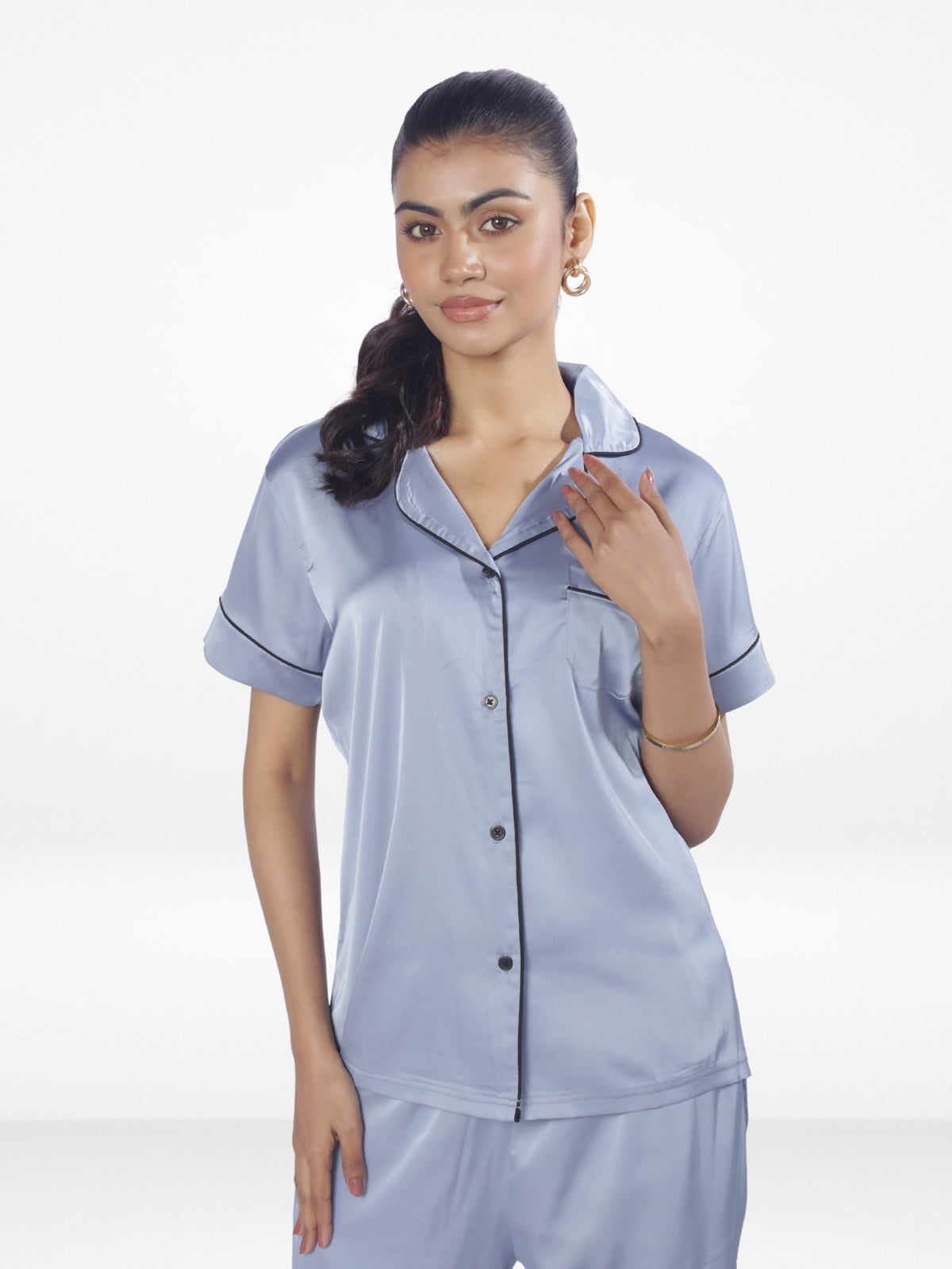 Satin Pajama Set for Women - Contrast Piping, Notch Collar, Button Down, Short Sleeve Long Pant