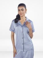 Satin Pajama Set for Women - Contrast Piping, Notch Collar, Button Down, Short Sleeve Long Pant