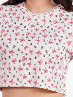 Womens All Over Printed Crop Top Crew Neck Half Sleeve Tee for Trendy Casual Wear - Egret