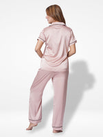 Satin Pajama Set for Women - Contrast Piping, Notch Collar, Button Down, Short Sleeve Long Pant