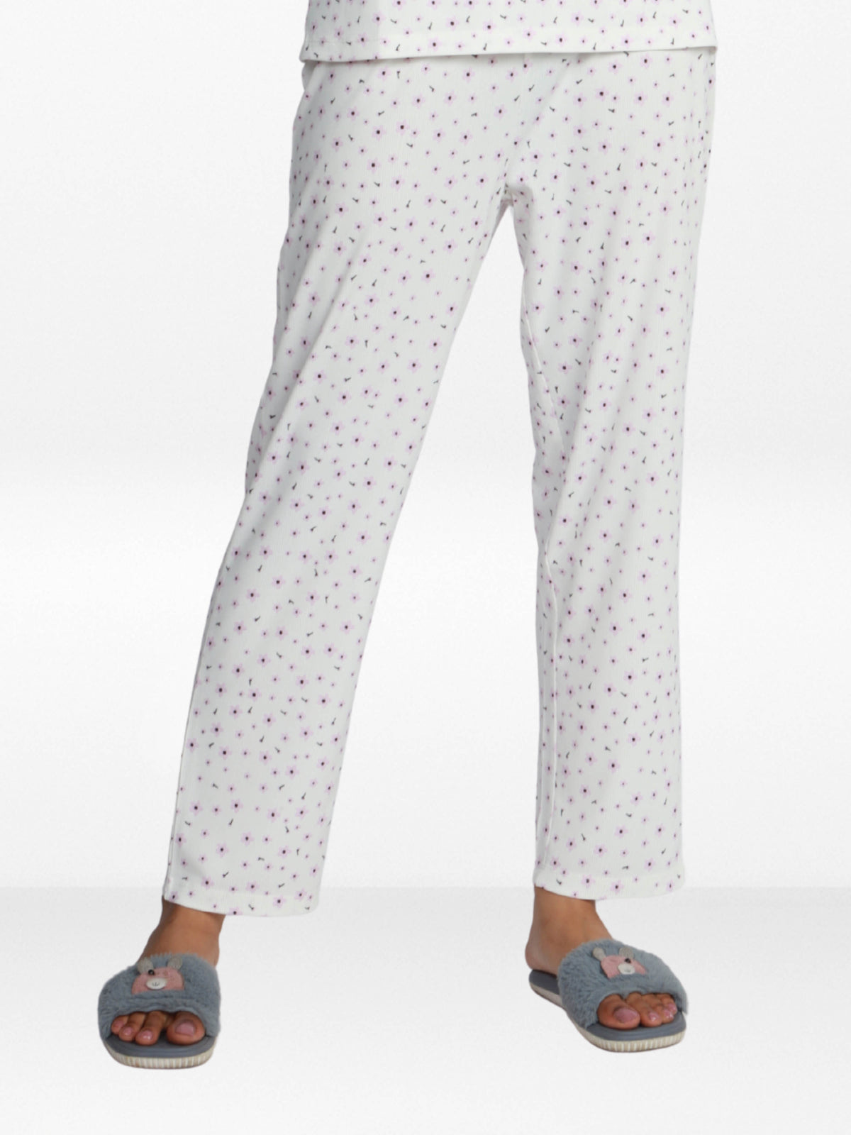 Women’s All Over Printed Lounge Pants | Soft Stretch Yummy Rib Fabric | Drawstring Waist Casual Sleepwear & Pajama Trousers - White