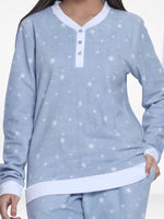 Women Micro Polar Fleece Sleepwear Long Sleeve Blue Star printed Pyjama Set