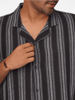 Men's Half-Sleeve Relaxed-Fit Casual Cuban Collar Shirt Black Stripes