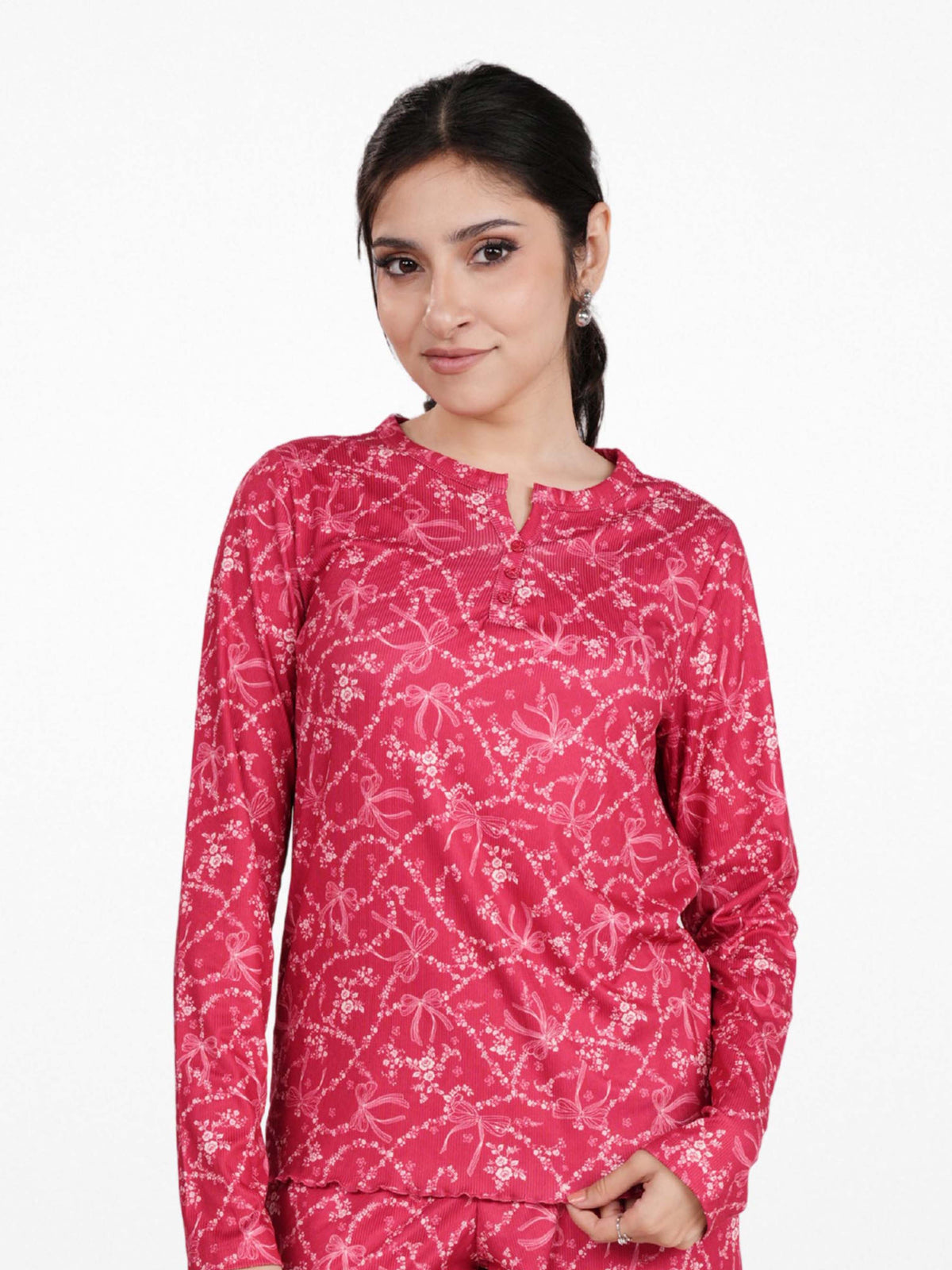Women's Henley Long Sleeve Printed Top – Soft & Stretchy Rib Knit Casual T-Shirt