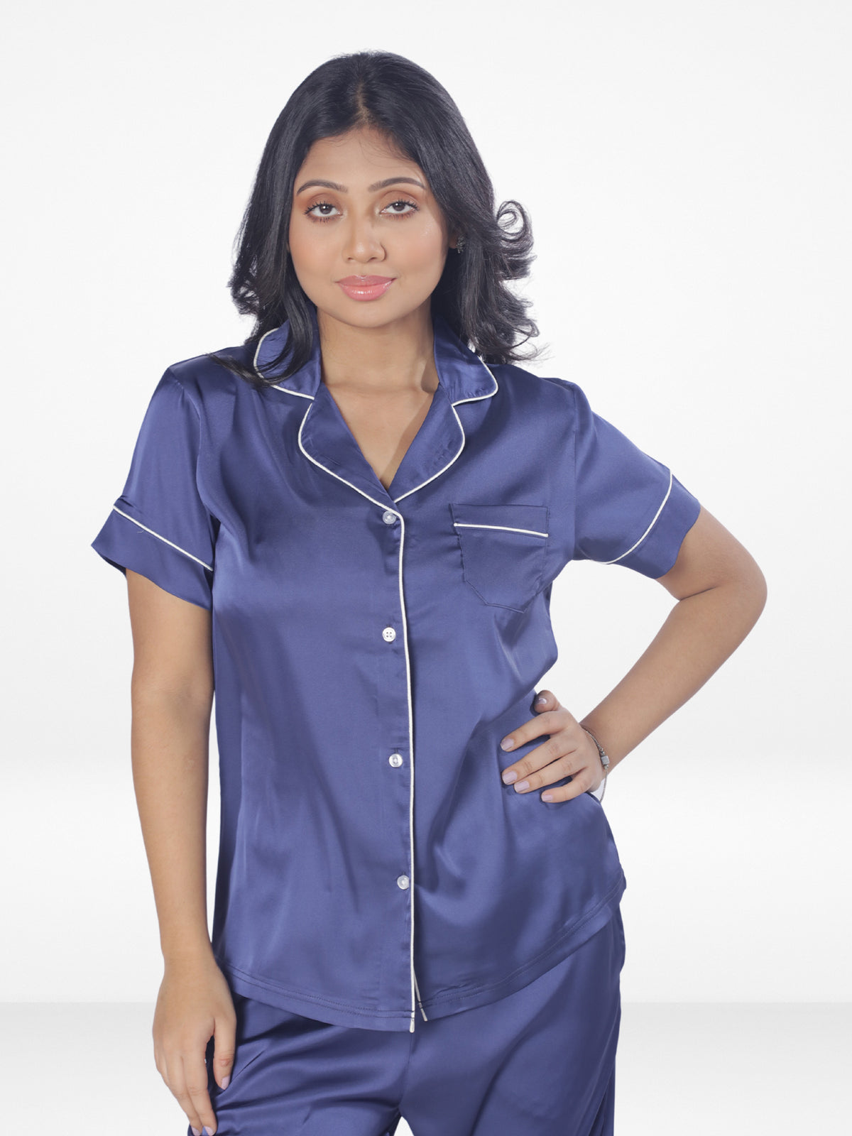 Satin Pajama Set for Women - Contrast Piping, Notch Collar, Button Down, Short Sleeve Long Pant