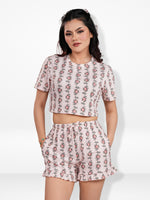 Women’s All Over Printed Crop Top Set – Crew Neck Half Sleeve Tee & Matching Bottom | Trendy Casual Two-Piece Wear