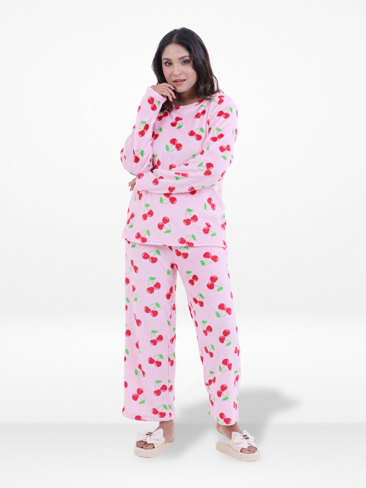 Women’s Cherry Printed Pyjama Set – Long Sleeve Top & Pants, Soft Comfortable Sleepwear, Cozy Winter Loungewear for Women