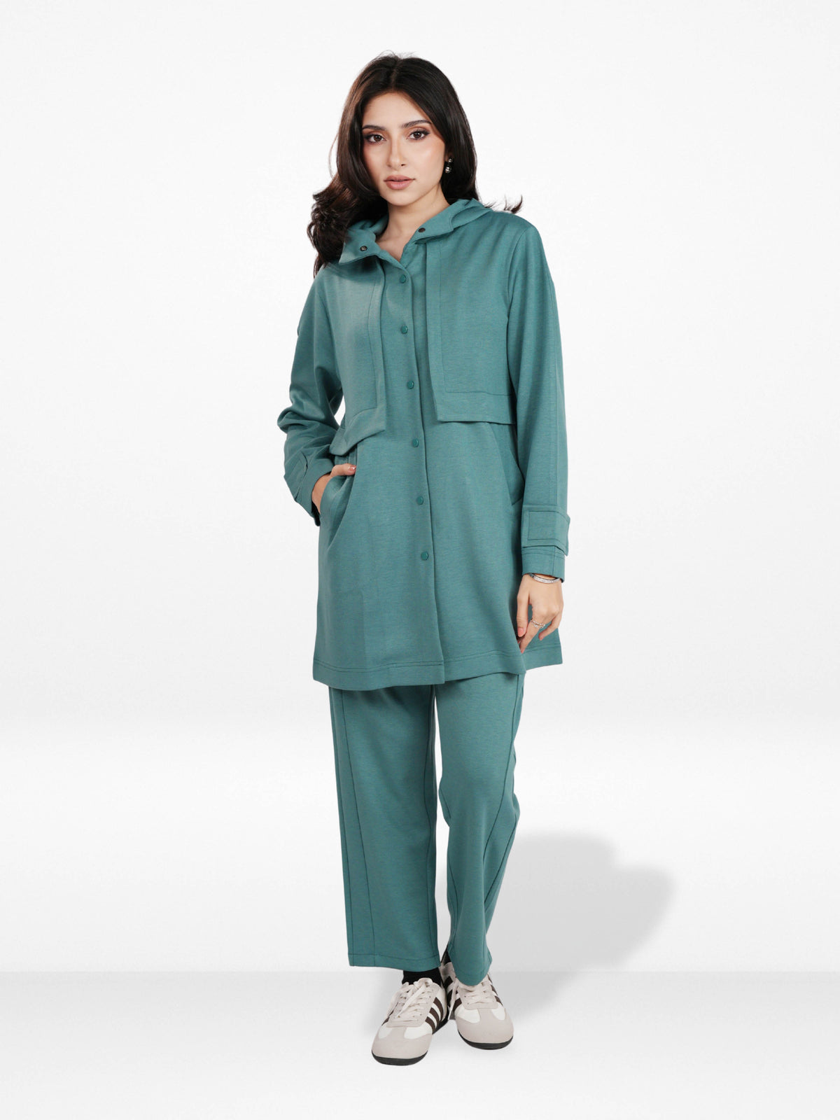 Women’s Soft Pastel Longline Hooded Jacket –Casual Outerwear with Snap Button Closure & Side Pockets