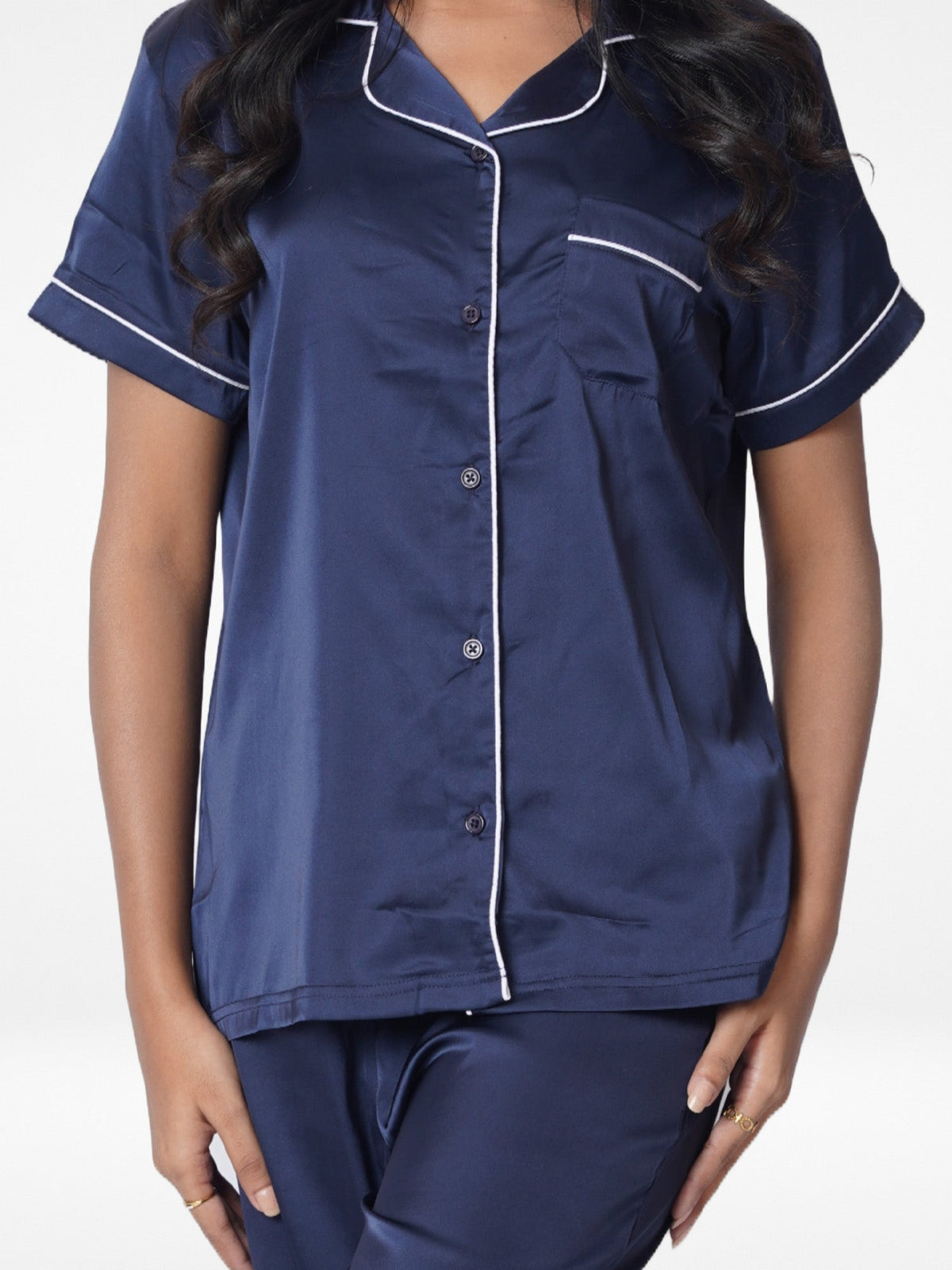 Satin Pajama Set for Women - Contrast Piping, Notch Collar, Button Down, Short Sleeve ; Long Pant