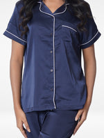 Satin Pajama Set for Women - Contrast Piping, Notch Collar, Button Down, Short Sleeve ; Long Pant