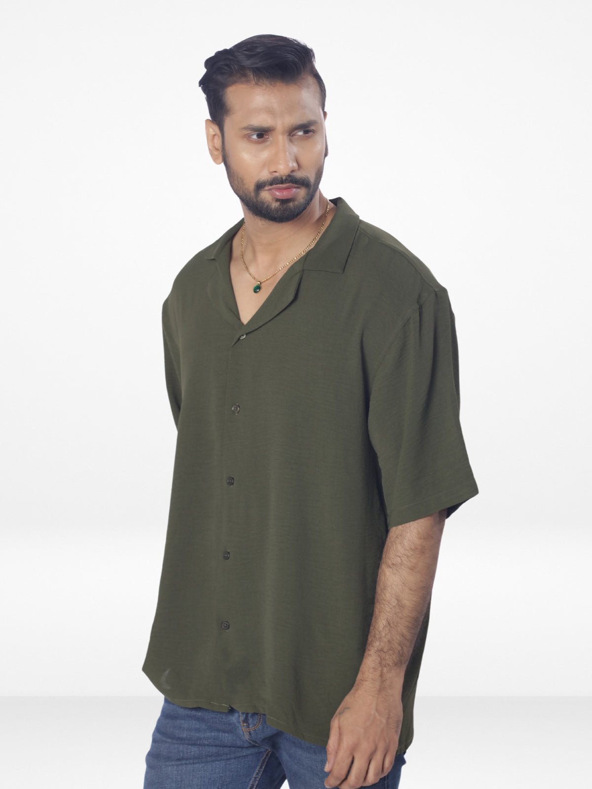 Men's Half-Sleeve Relaxed-Fit Casual Cuban Collar Shirt| OLIVE