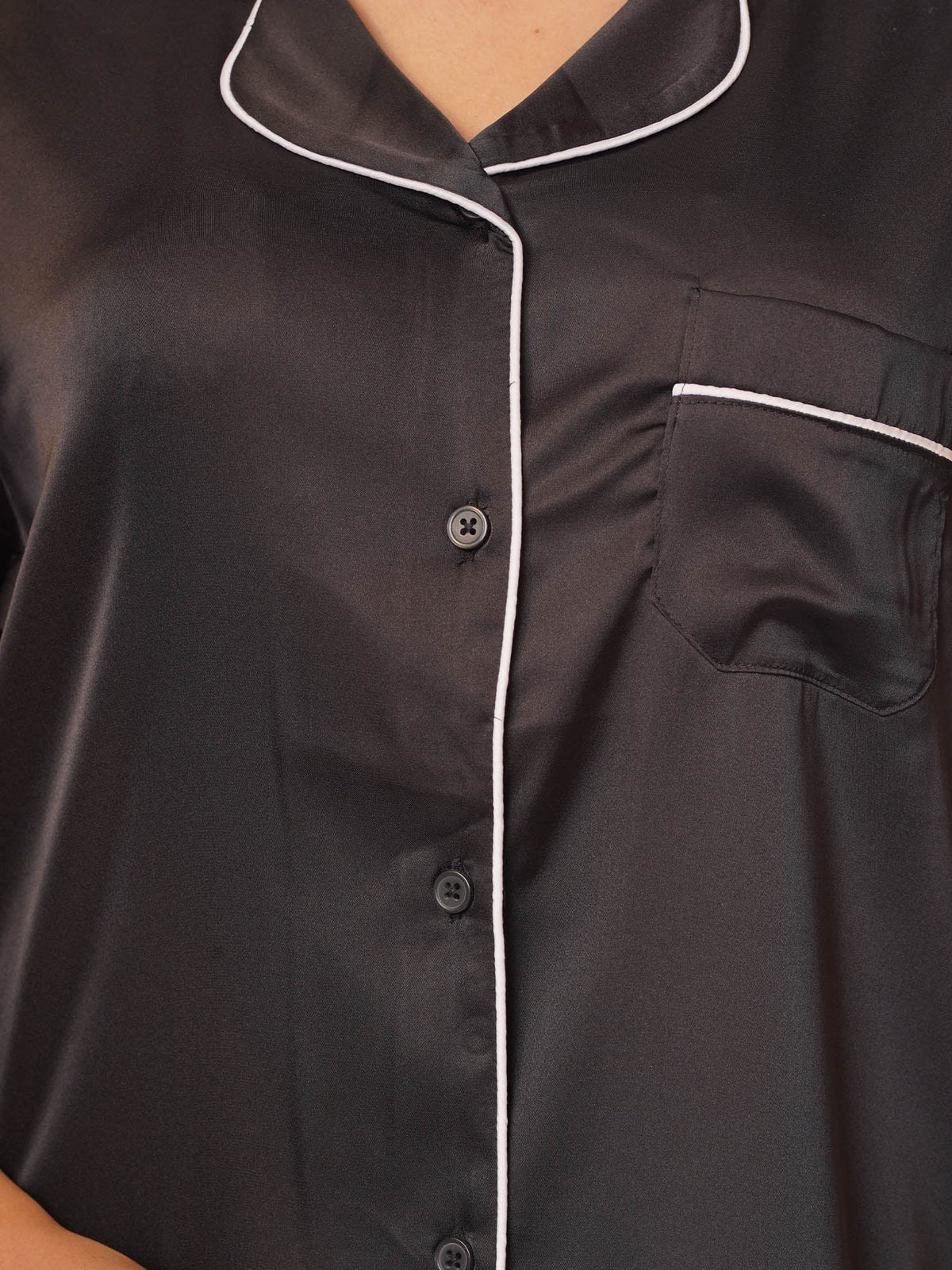 Satin Pajama Set for Women - Contrast Piping, Notch Collar, Button Down, Short Sleeve & Long Pant