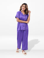 Satin Pajama Set for Women - Contrast Piping, Notch Collar, Button Down, Short Sleeve Long Pant & Sleep Eye Mask