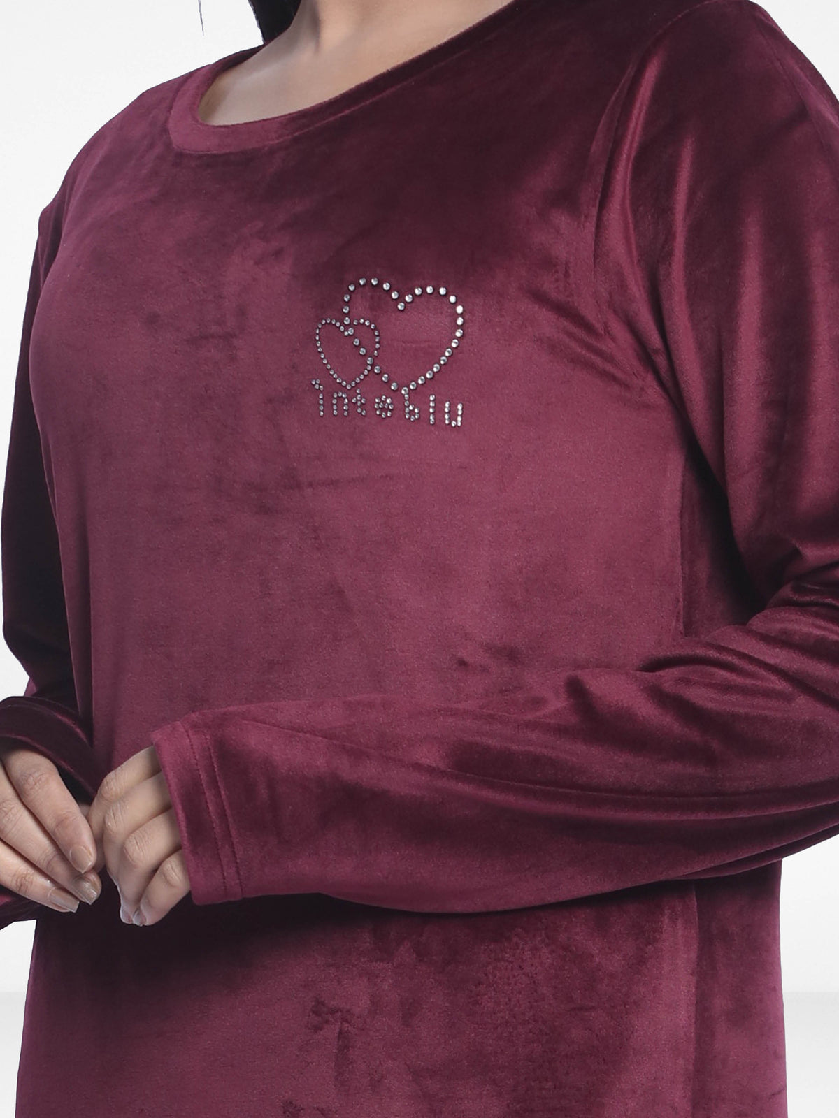 Women Velour Sleepwear Long Sleeve Pyjama Set Wine
