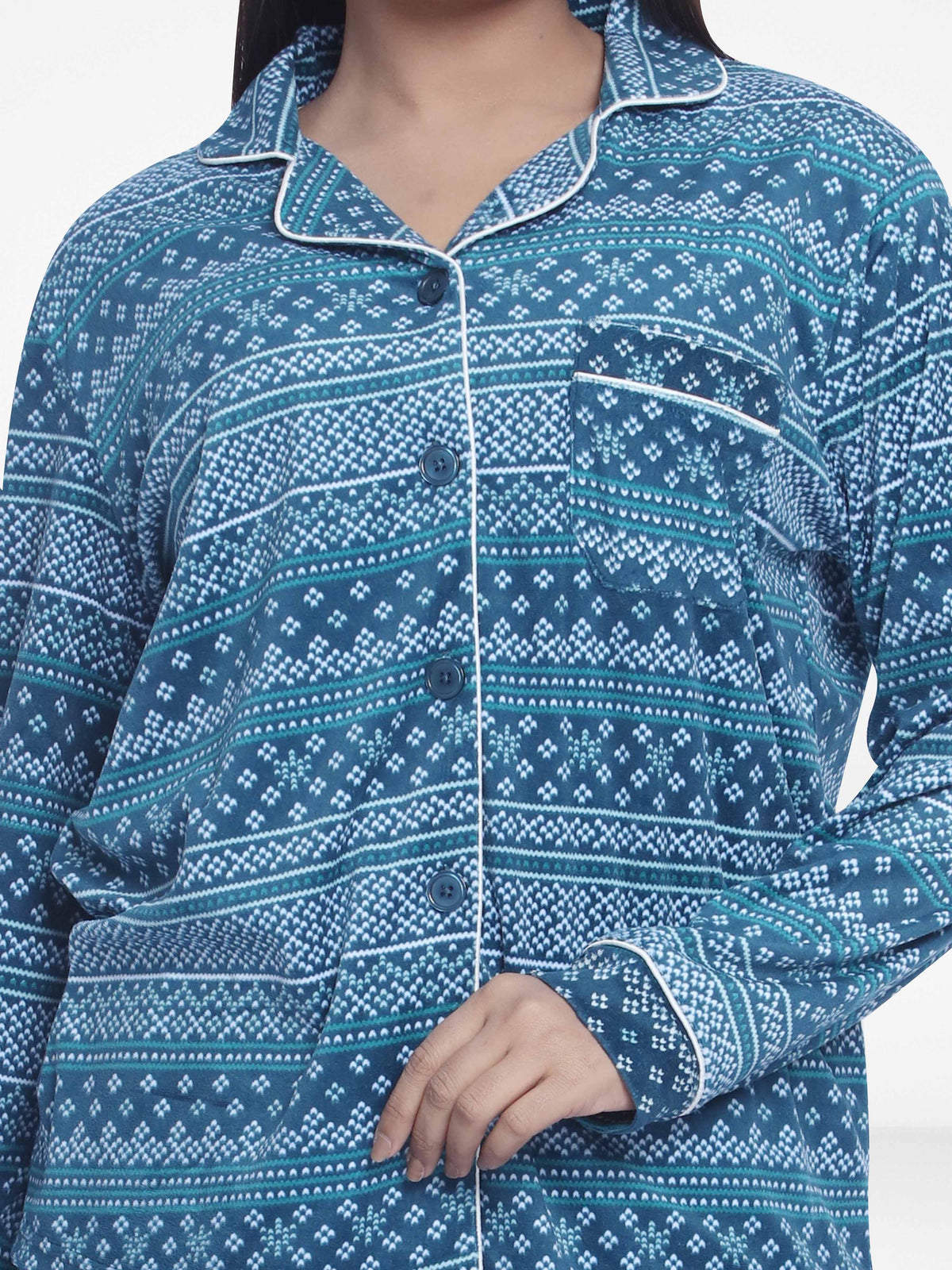 Women Velour Sleepwear Long Sleeve Green Aop Pyjama Set