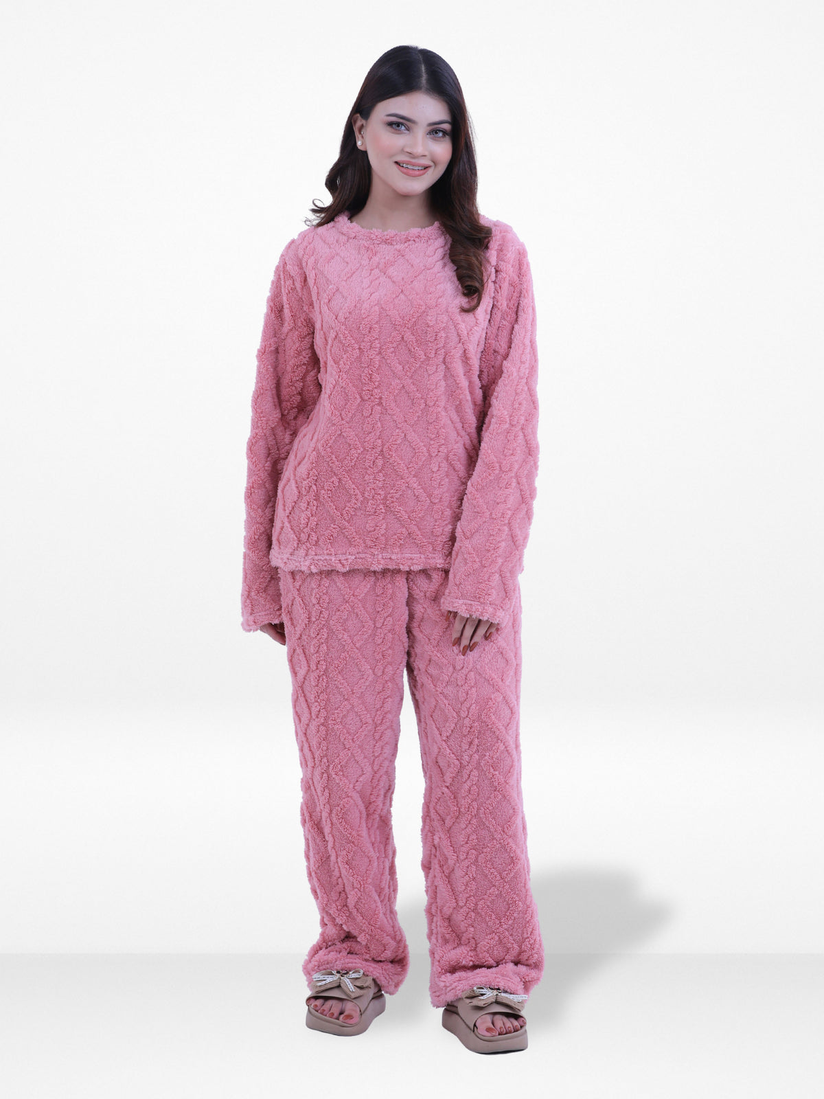 Women’s Fur Fabric Pyjama Set – Soft & Cozy 2-Piece Winter Nightwear | Long Sleeve Sleepwear Top and Bottom Set