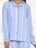 Women Blue Stripe Sleepwear Long Sleeve Pyjama Set
